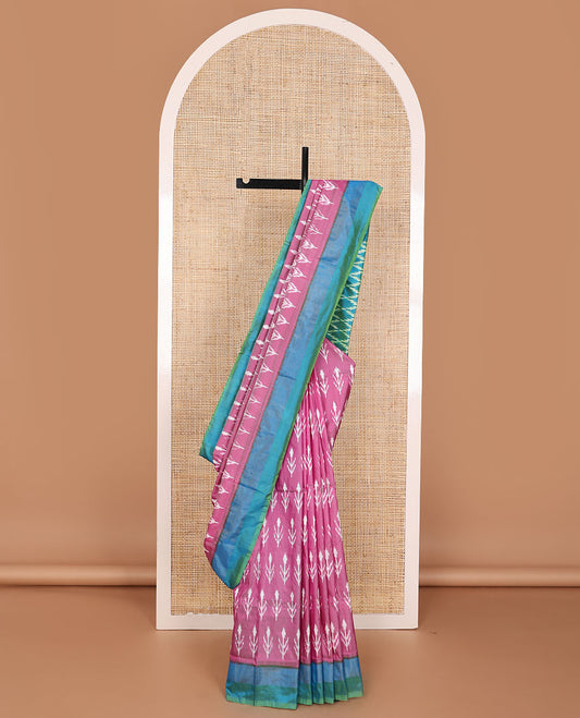 Pink ikkat saree with buttas, contrast border & pallu of ikkat jaal design