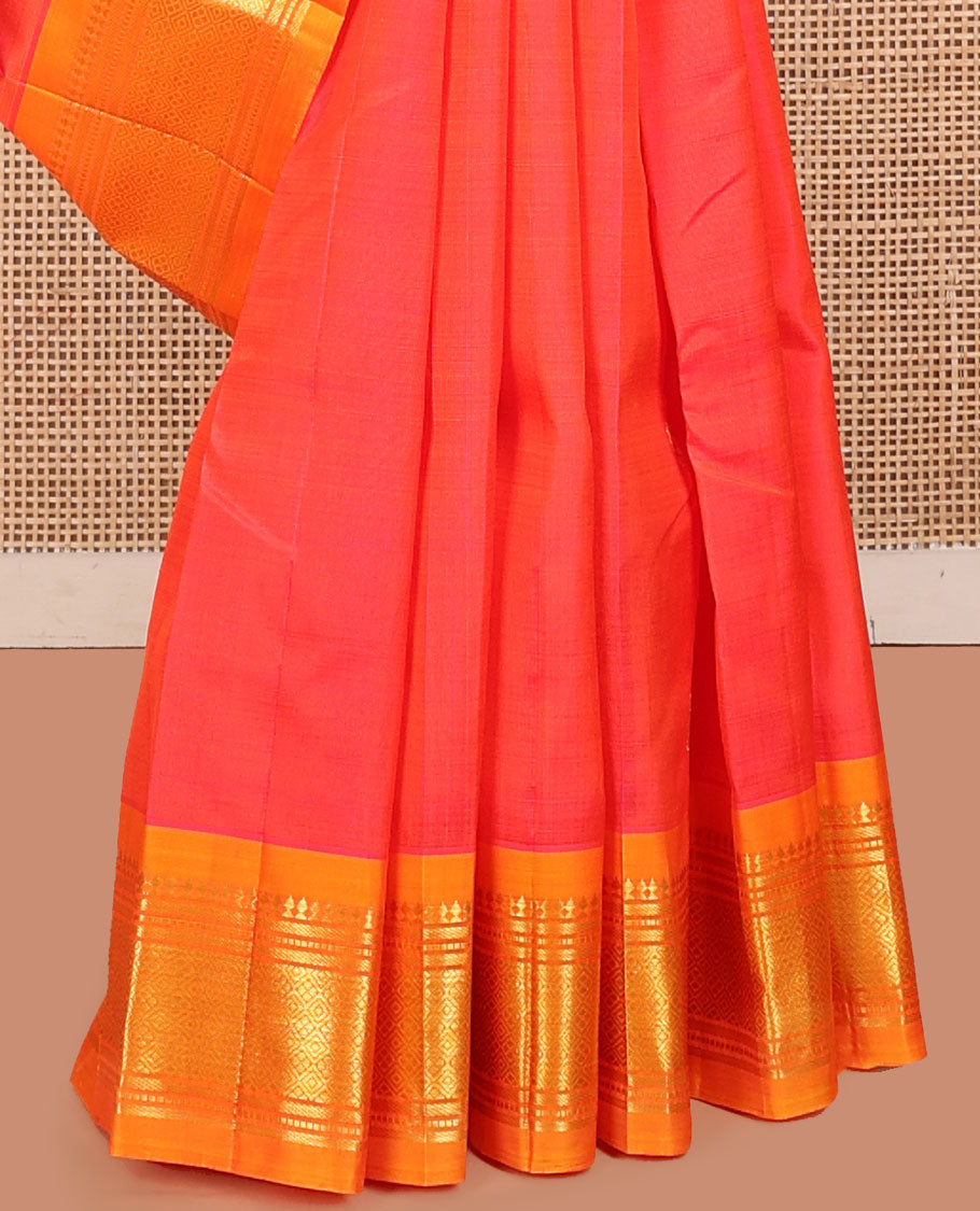 Red Kanchipuram Silk Saree, Graced with Zari Buttas, a Contrast One-Sided Border of Panner Sombu, Muthu, Banaras, and Jaal Design, Zari Design Pallu, and No Blouse