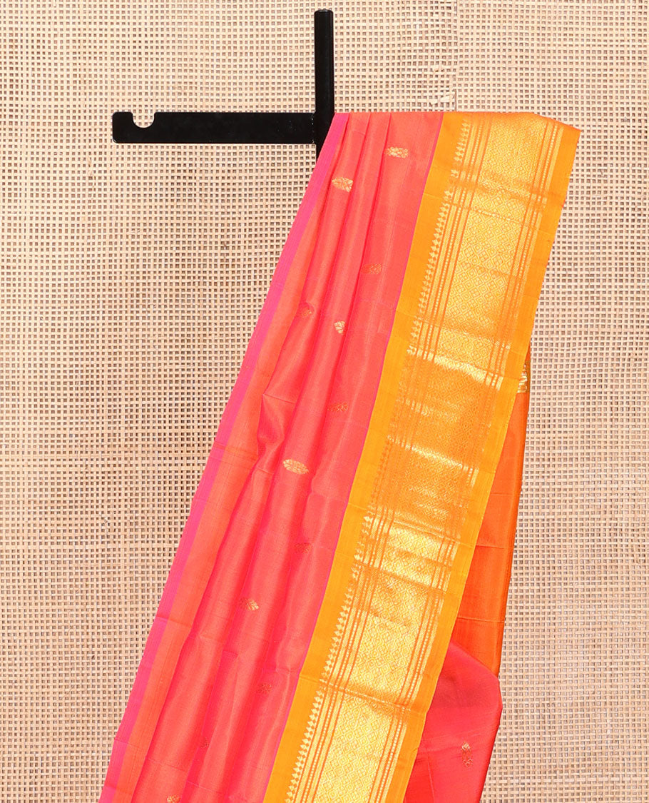 Red Kanchipuram Silk Saree, Graced with Zari Buttas, a Contrast One-Sided Border of Panner Sombu, Muthu, Banaras, and Jaal Design, Zari Design Pallu, and No Blouse