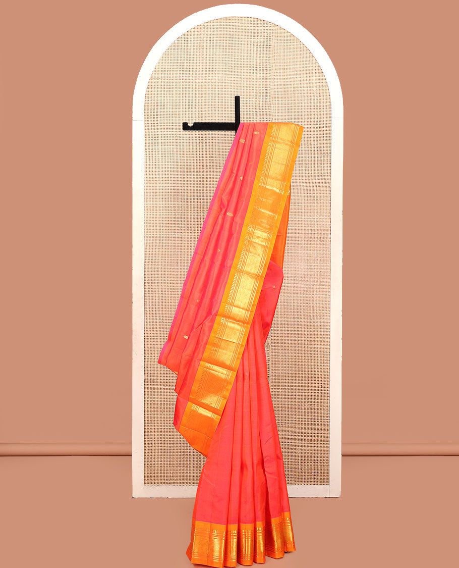 Red Kanchipuram Silk Saree, Graced with Zari Buttas, a Contrast One-Sided Border of Panner Sombu, Muthu, Banaras, and Jaal Design, Zari Design Pallu, and No Blouse