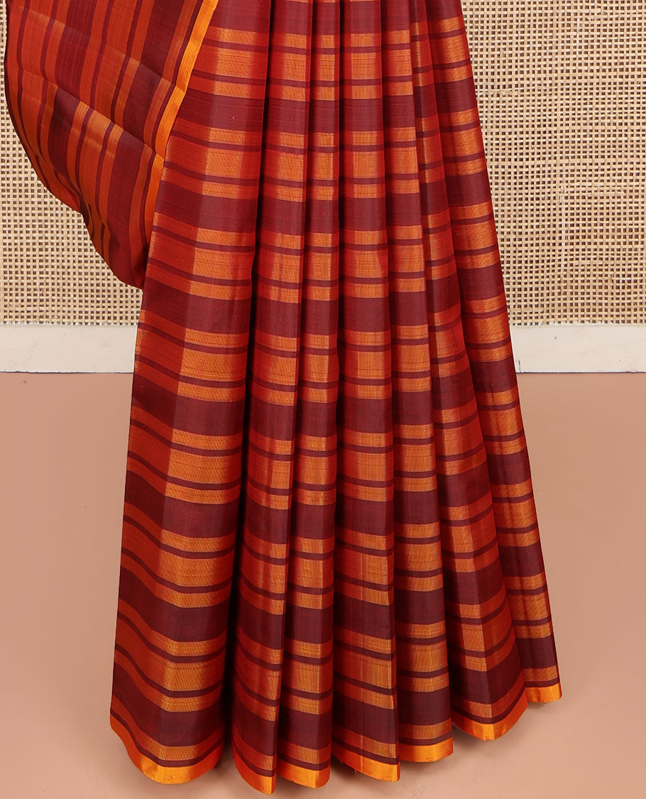 Borderless Red and Yellow Kanchipuram Silk Saree, Delicately Woven with Stripes All Over Its Body, Captivating Contrast Pallu of Stripes, and Paired with a Contrast Blouse