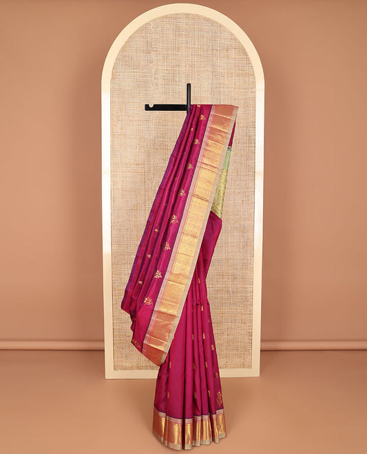 Purple floral buttas kancheepuram silk saree with contrast intricate zari design border & floral jaal design pallu
