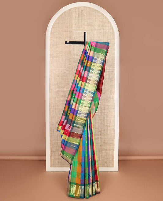 Multi-color checked & zari buttas kanchipuram silk saree, one-sided border of thilakam mokku,muthu,banaras & jaal & zari design pallu