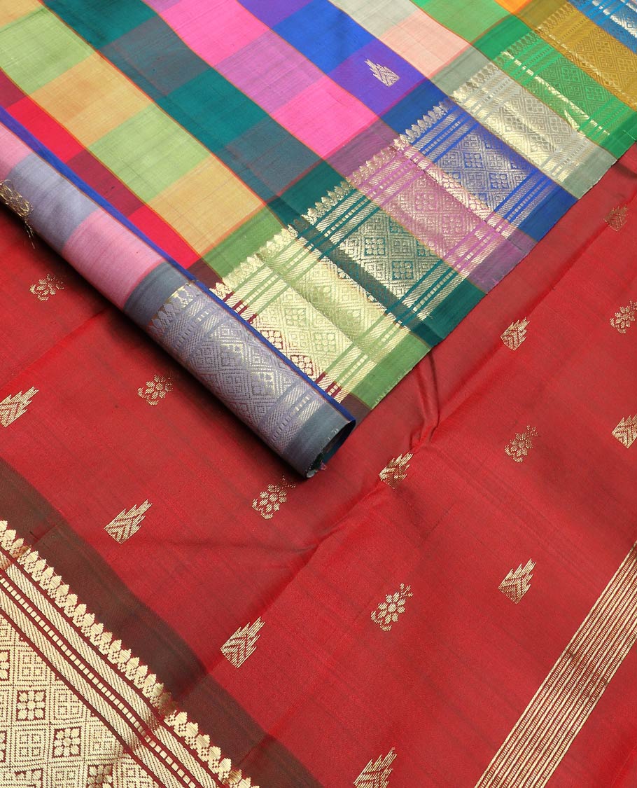 Multi-color checked & zari buttas kanchipuram silk saree, one-sided border of thilakam mokku,muthu,banaras & jaal & zari design pallu