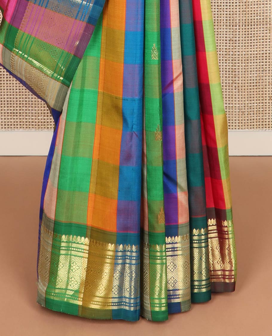 Multi-color checked & zari buttas kanchipuram silk saree, one-sided border of thilakam mokku,muthu,banaras & jaal & zari design pallu