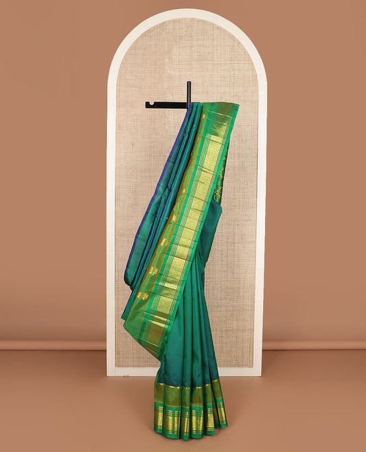 Green zari buttas Kanchipuram silk saree, contrast border of panner sombu,banaras & jaal & zari design pallu