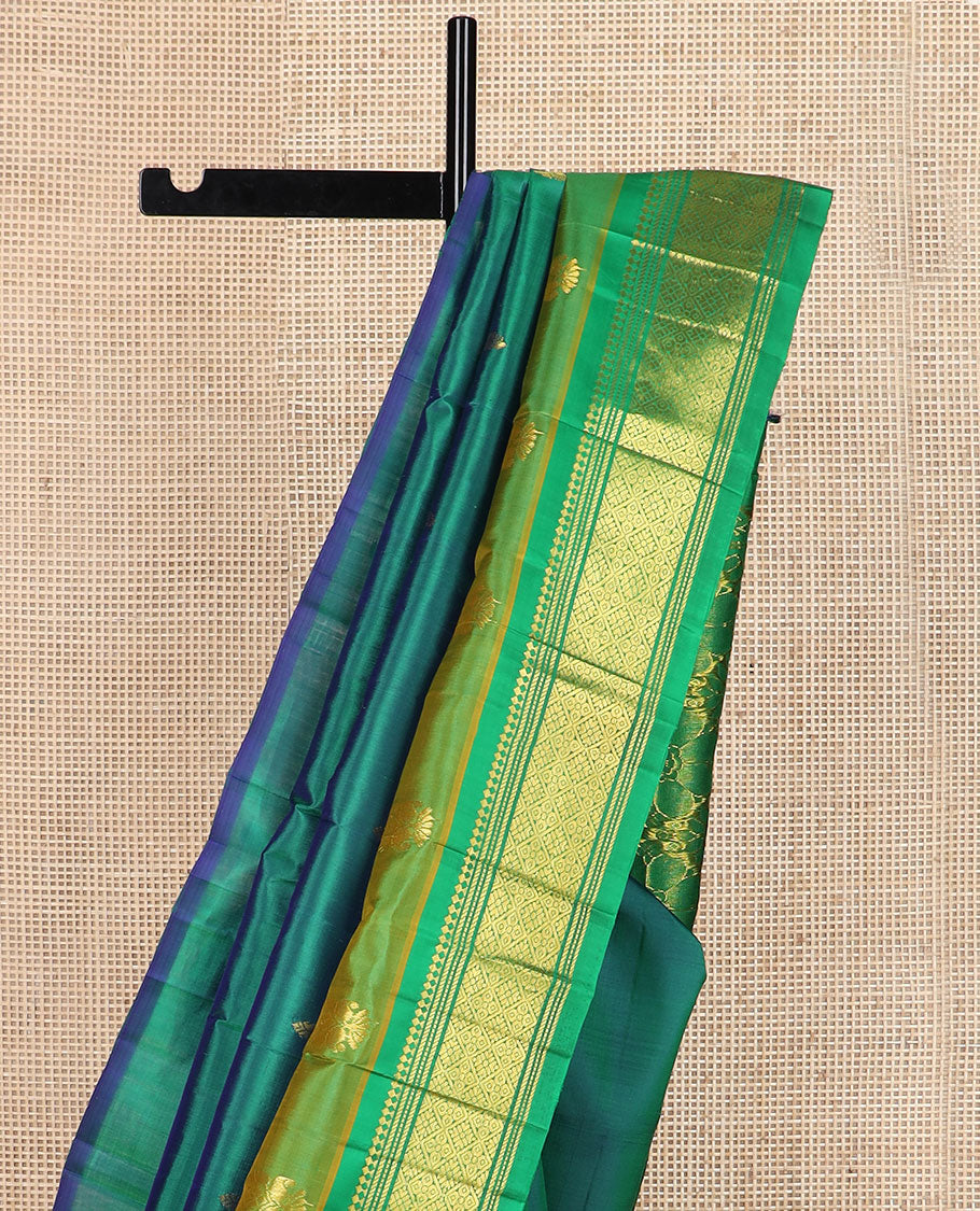 Green zari buttas Kanchipuram silk saree, contrast border of panner sombu,banaras & jaal & zari design pallu