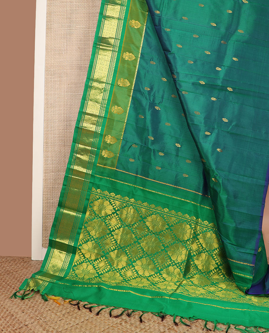 Green zari buttas Kanchipuram silk saree, contrast border of panner sombu,banaras & jaal & zari design pallu