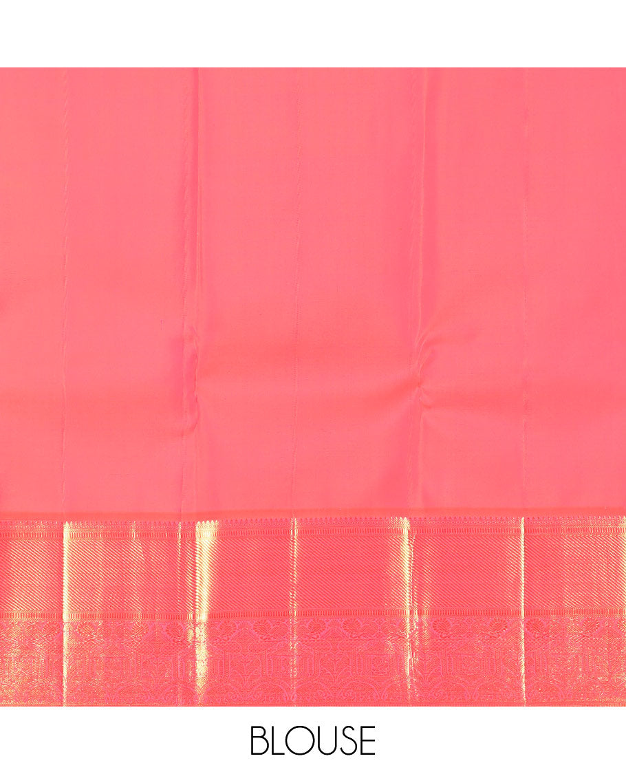 Green zari buttas Kanchipuram silk saree, contrast border of thilakam mokku, banaras, muthu, and mayil designs, and pallu of neli designs