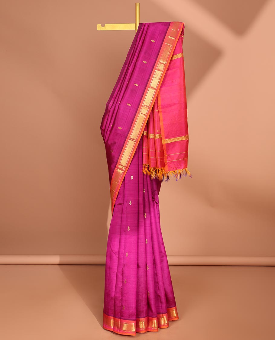 Pink floral buttas kancheepuram silk saree with contrast border of banaras, jaal design & striped, floral design pallu