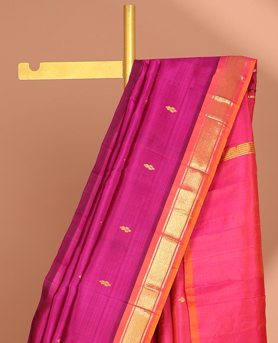 Pink floral buttas kancheepuram silk saree with contrast border of banaras, jaal design & striped, floral design pallu