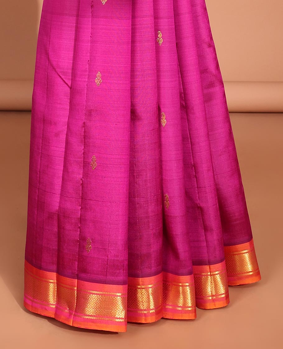 Pink floral buttas kancheepuram silk saree with contrast border of banaras, jaal design & striped, floral design pallu