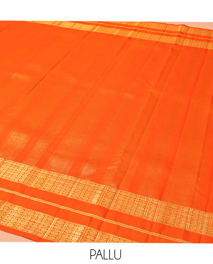 Orange Kanchipuram Silk Saree, Enthralled with Zari Buttas All Over Its Body, Highlighted by a Zari Varisai Border of Rudraksham Enclosed Muthu Kattam Designs, Pallu of Zari Designs, and Paired with a Matching Blouse