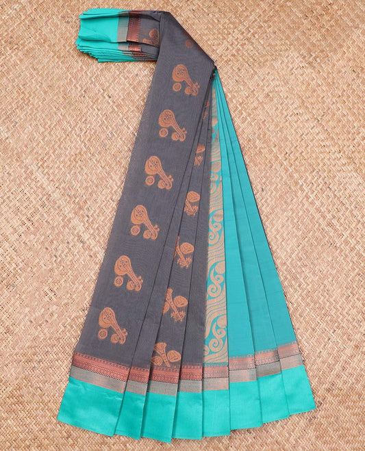 Grey motifs kora cotton saree with contrast zari design border & floral zari design pallu