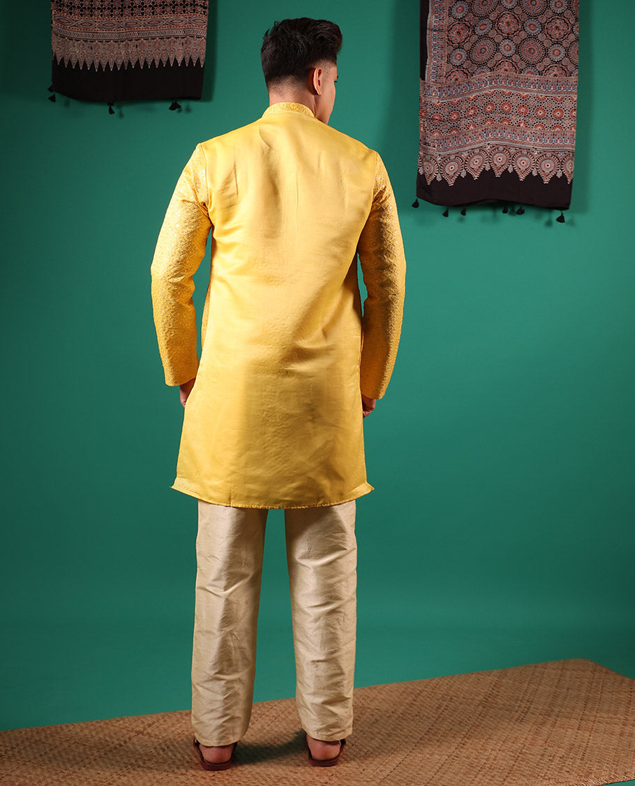 Yellow jaal pattern sequins embroidered full-sleeved men's kurta