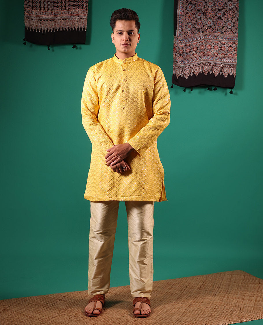 Yellow jaal pattern sequins embroidered full-sleeved men's kurta