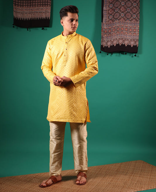 Yellow jaal pattern sequins embroidered full-sleeved men's kurta