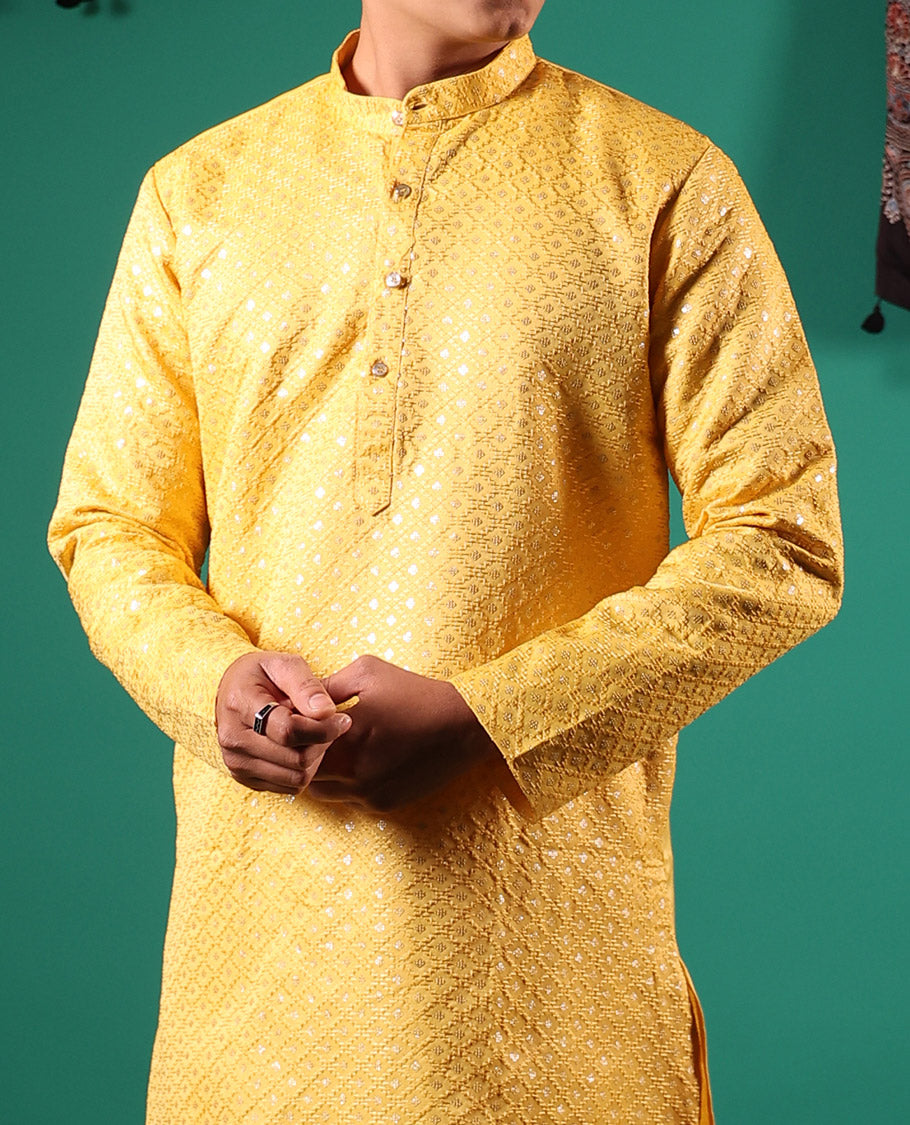 Yellow jaal pattern sequins embroidered full-sleeved men's kurta