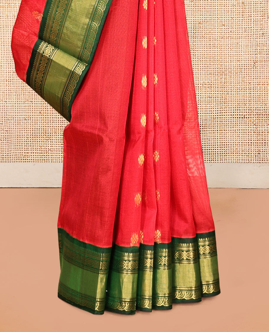Red Zari Buttas Kuppadam Silk Saree, a Contrast Traditional Zari Border, Grand Jaal Pallu, a Contrast Blouse