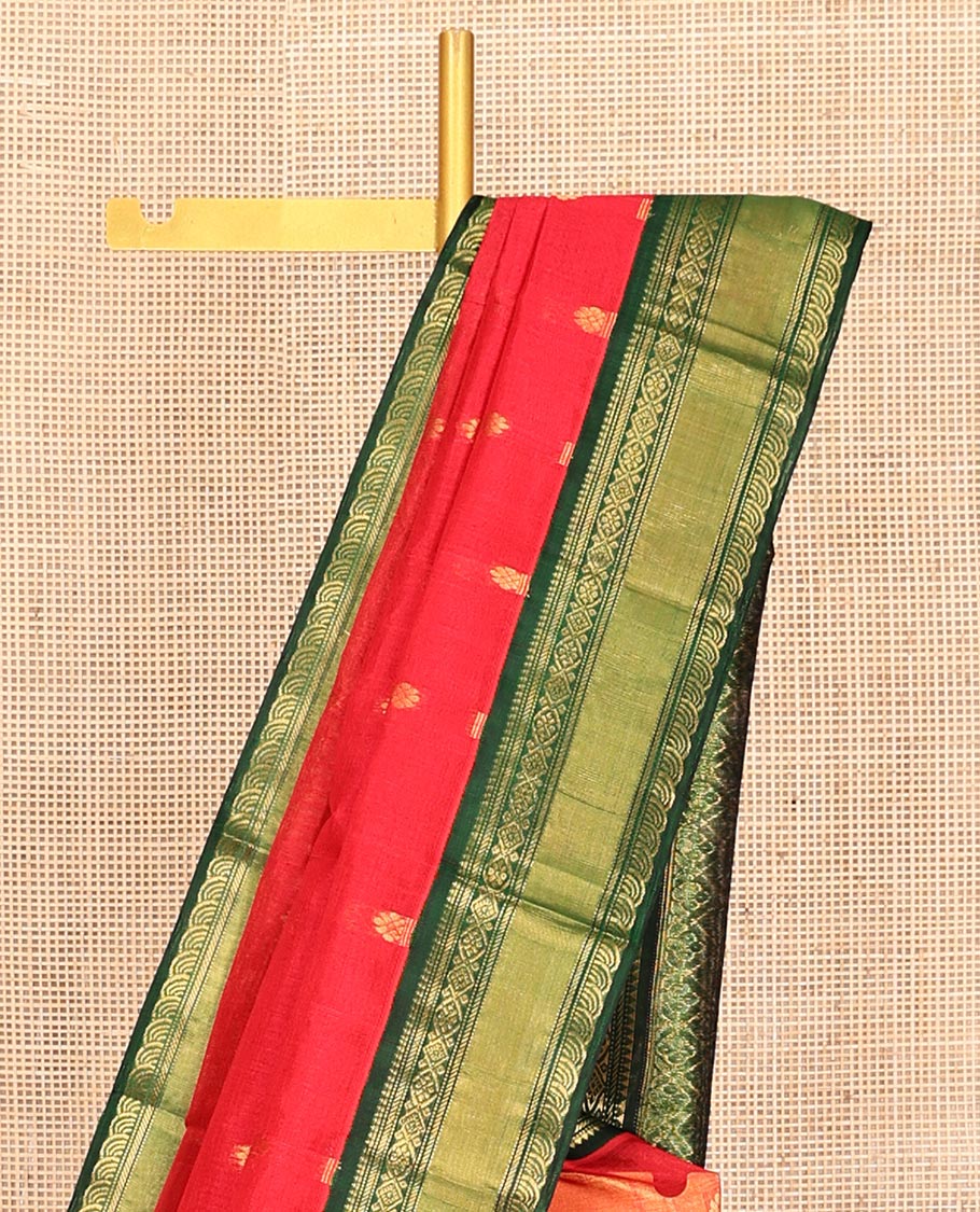Red Zari Buttas Kuppadam Silk Saree, a Contrast Traditional Zari Border, Grand Jaal Pallu, a Contrast Blouse