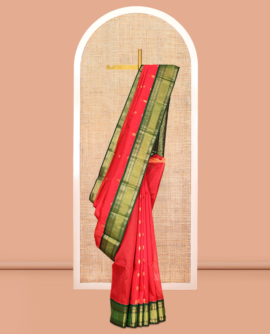 Red Zari Buttas Kuppadam Silk Saree, a Contrast Traditional Zari Border, Grand Jaal Pallu, a Contrast Blouse