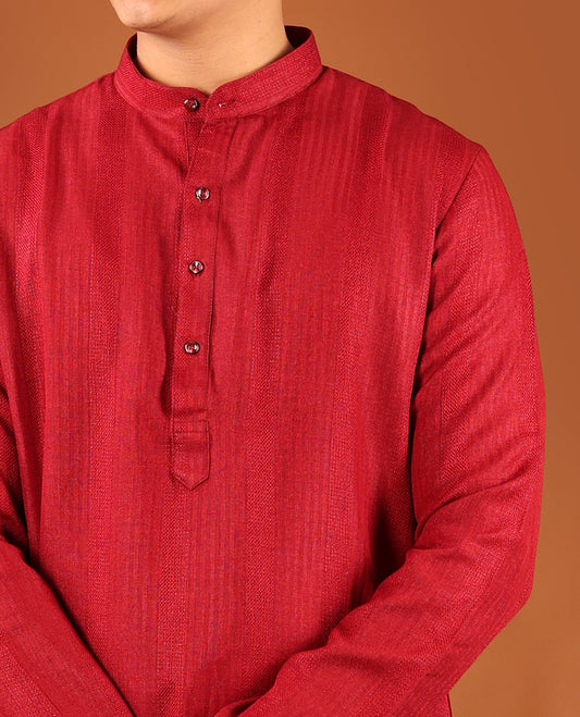 Red Geometric Textures Threaded Full-Sleeved Men's Kurta