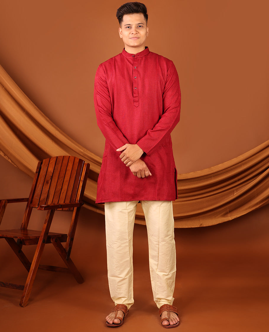 Red Geometric Textures Threaded Full-Sleeved Men's Kurta