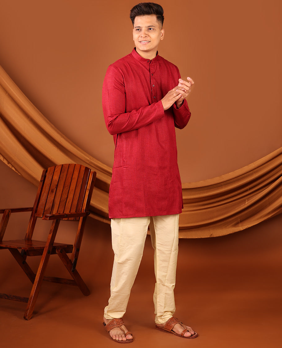 Red Geometric Textures Threaded Full-Sleeved Men's Kurta