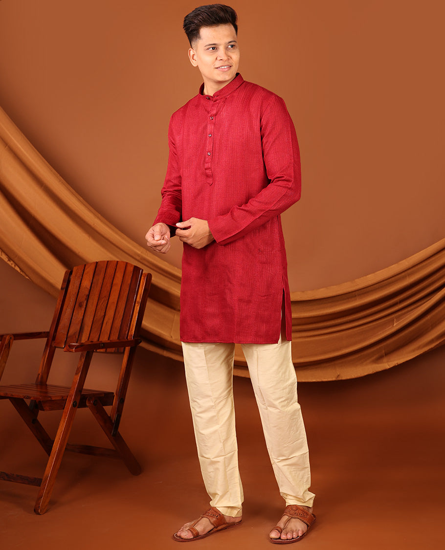 Red Geometric Textures Threaded Full-Sleeved Men's Kurta