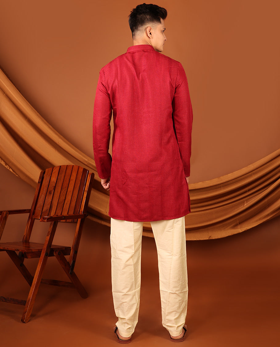 Red Geometric Textures Threaded Full-Sleeved Men's Kurta