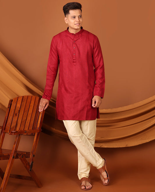 Red Geometric Textures Threaded Full-Sleeved Men's Kurta