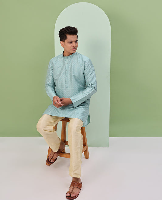 Pastel blue thread embossed embroidered full-sleeved short readymade kurta