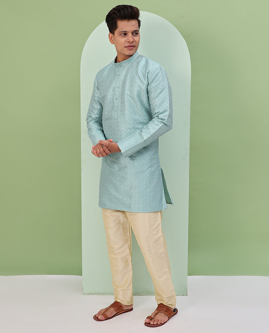Pastel blue thread embossed embroidered full-sleeved short readymade kurta
