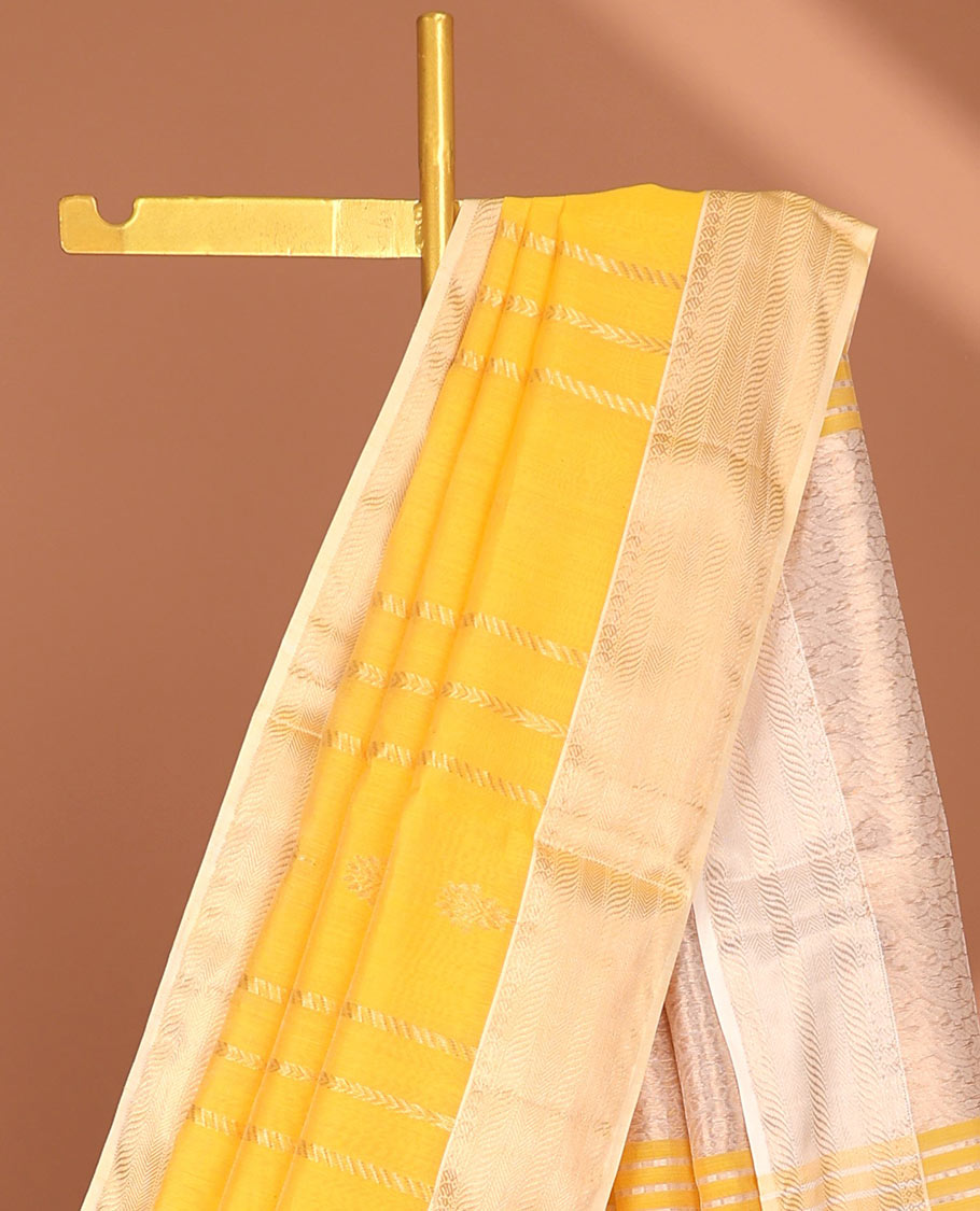 Yellow Maheshwari cotton saree with stripes, contrast traditional zari border & intricate pallu