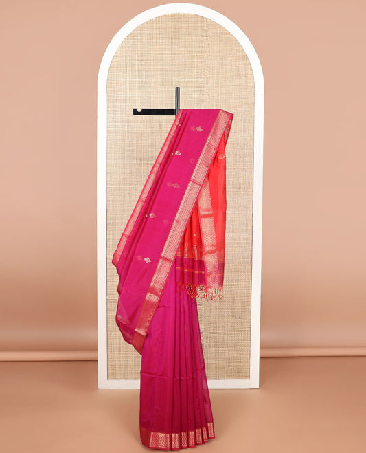 Red geometric design maheshwari cotton saree with contrast zari design border & floral design pallu