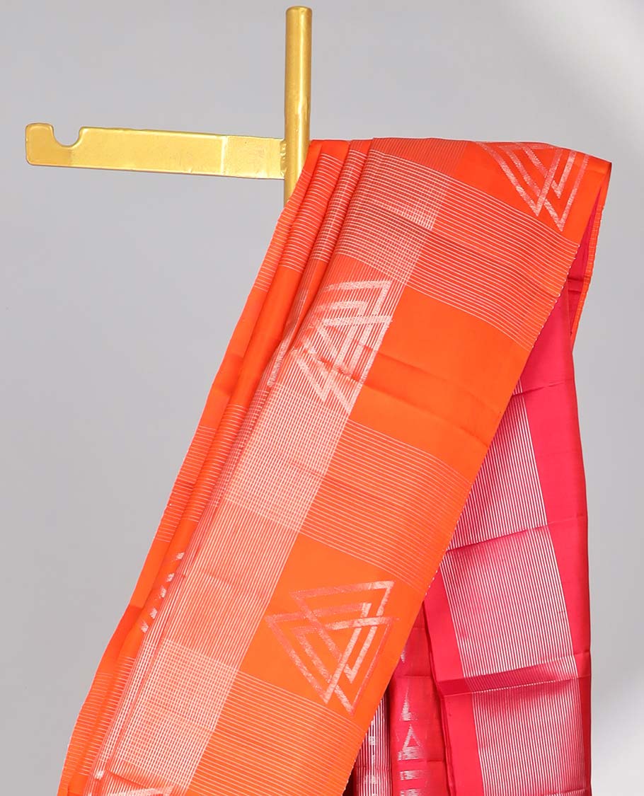 Borderless orange  striped, geometric design soft silk saree with intricate zari design pallu
