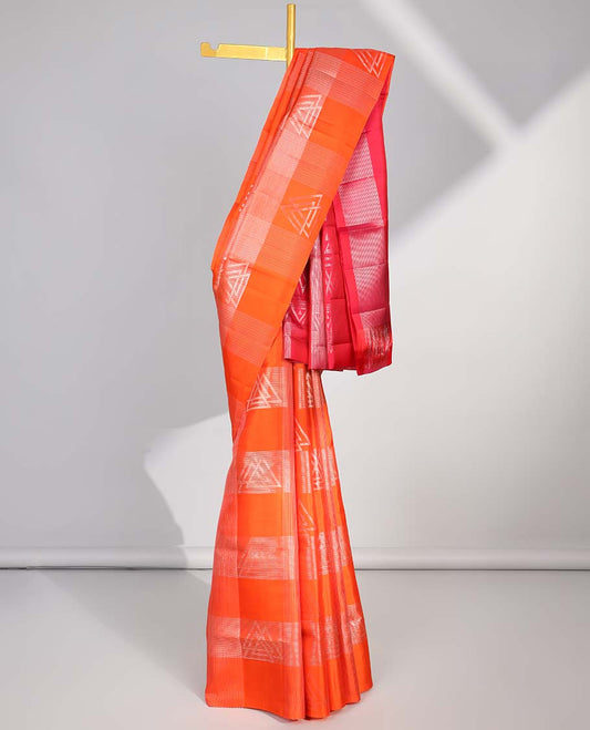 Borderless orange  striped, geometric design soft silk saree with intricate zari design pallu