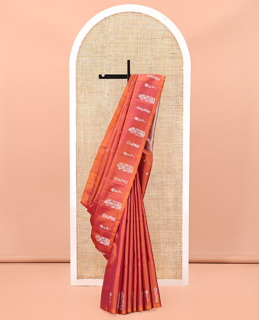 Borderless Orange Mayuri Soft Silk Saree, Entralled with Zari Buttas All Over Its Body, Highlighted by Traditional Zari Designs Woven Pallu, and Paired with a Matching Blouse