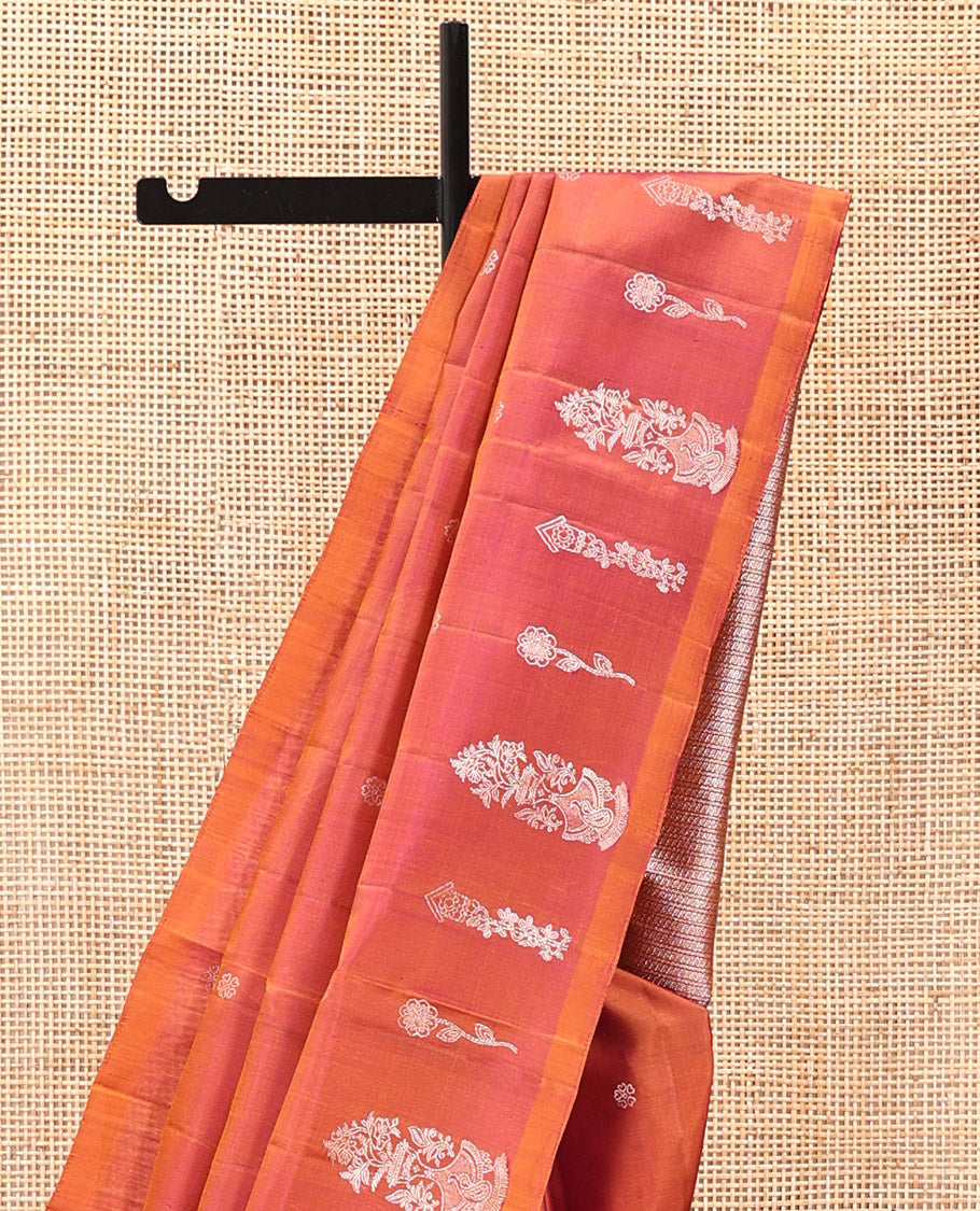 Borderless Orange Mayuri Soft Silk Saree, Entralled with Zari Buttas All Over Its Body, Highlighted by Traditional Zari Designs Woven Pallu, and Paired with a Matching Blouse