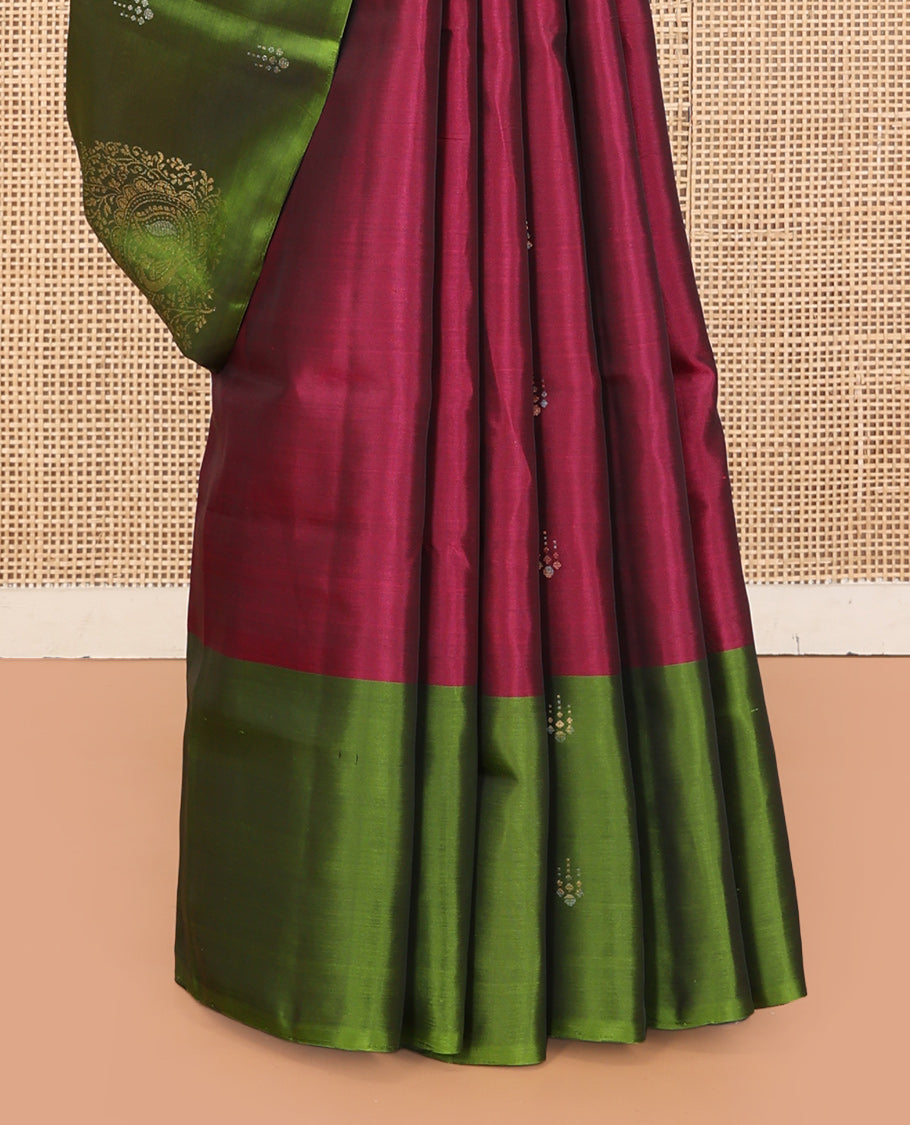 Wine Mayuri Lite Silk Mix Saree, Woven with Zari Buttas, Complemented by a Contrast Border, a Grand Pallu, and a Contrast Blouse