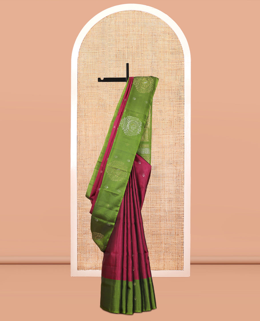 Wine Mayuri Lite Silk Mix Saree, Woven with Zari Buttas, Complemented by a Contrast Border, a Grand Pallu, and a Contrast Blouse