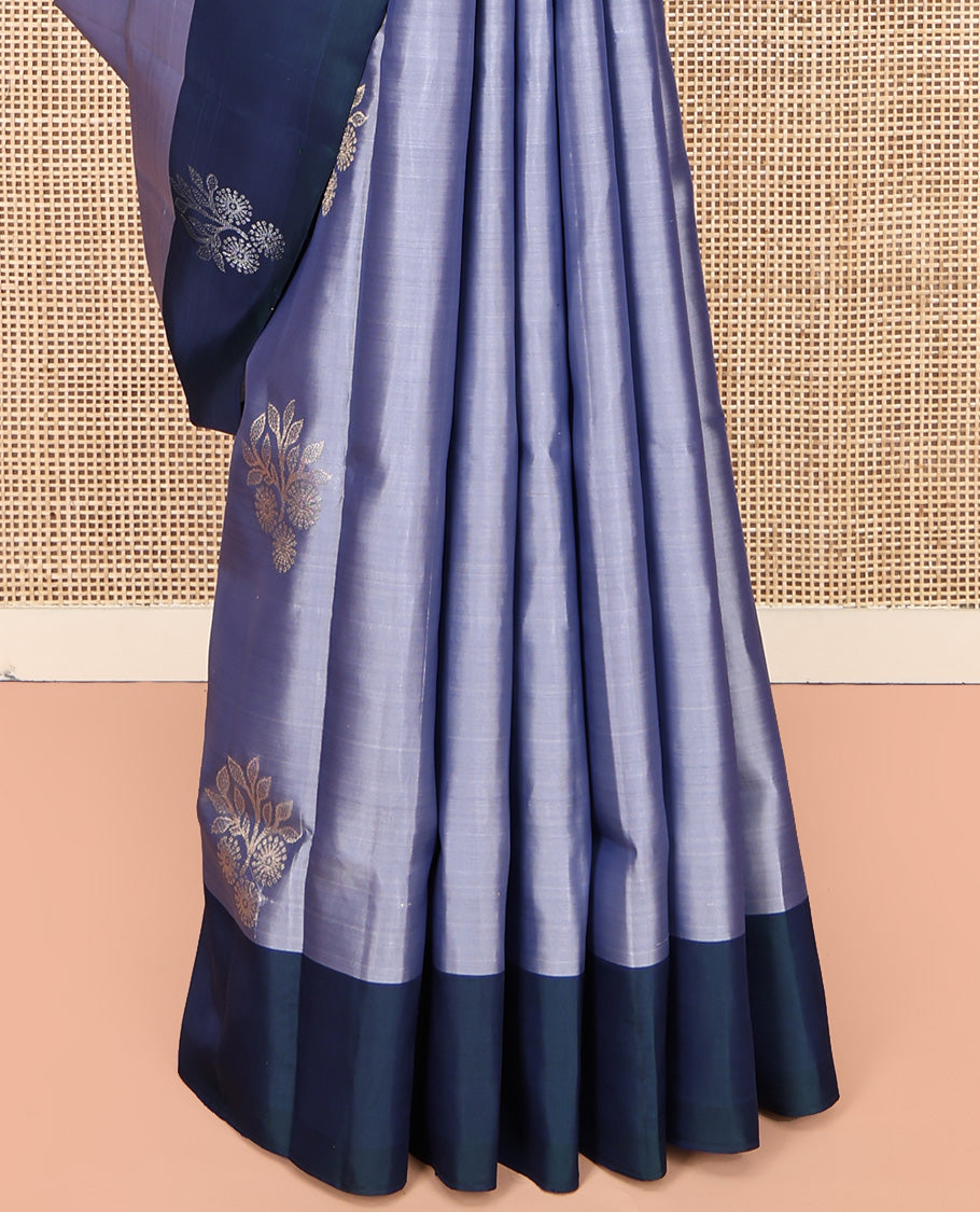Grey Mayuri Lite Silk Mix Saree, Sparsely Woven with Zari Buttas All Over Its Body, Complemented by a Contrast Border of Floral Designs, Pallu of Jaal Designs, and Paired with a Contrast Blouse