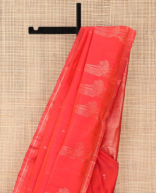 Red Mayuri Soft Silk Saree, Elegantly Framed with Buttas and Pine-Tree Like Buttas All Over Its Body, Subtly Zari Border, Sparsely Woven Pallu, and Paired with a Matching Blouse