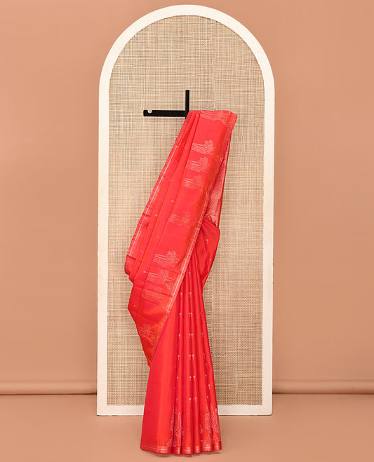 Red Mayuri Soft Silk Saree, Elegantly Framed with Buttas and Pine-Tree Like Buttas All Over Its Body, Subtly Zari Border, Sparsely Woven Pallu, and Paired with a Matching Blouse