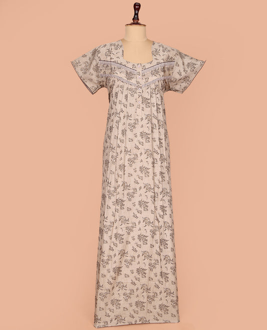 Pale Brown Cotton Nighty Subtly Sparkled with Floral Print, Featuring Lace Work, Square Front Neck, and Half  Sleeves