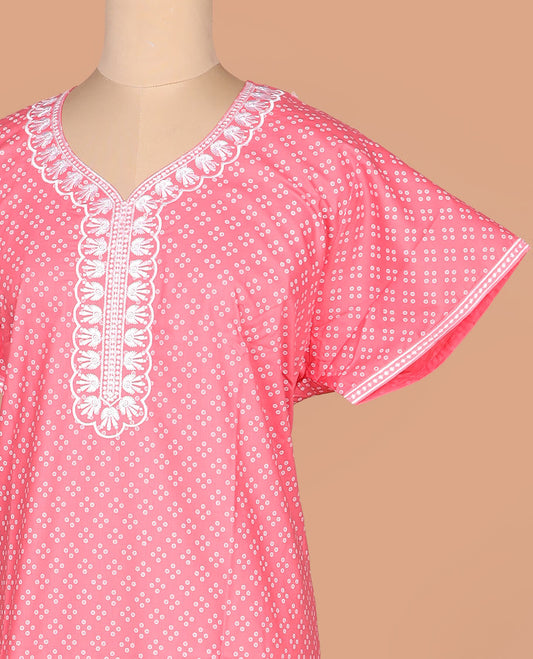 Pink polka dots printed with leaf neck embroidered half-sleeve nighty