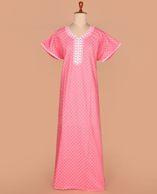 Pink polka dots printed with leaf neck embroidered half-sleeve nighty