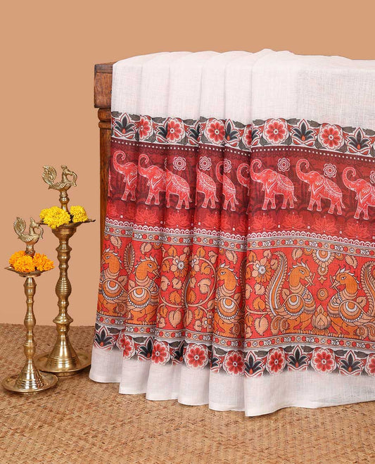 Cream linen saree with elephant , annam kalamkari design digital print border  & elephant , annam kalamkari design digital print pallu along with printed pallu