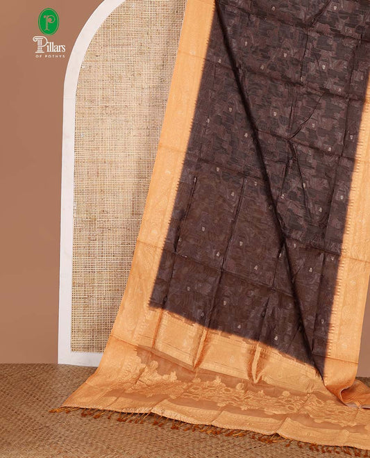Brown jaal thread weaving banaras brasso saree with contrast thread border & thread weaving pallu along with butta design blouse