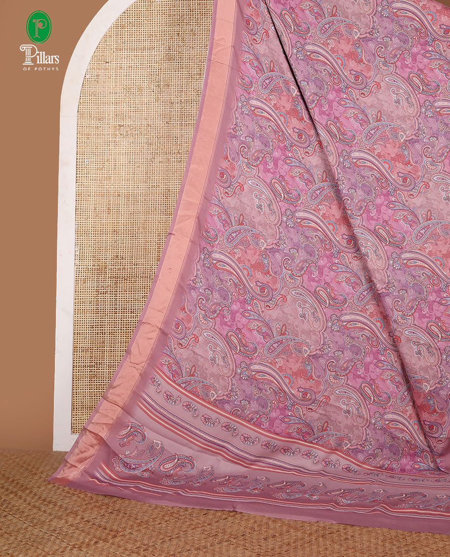 Pink mango design printed crepe viscose saree with bawanchi border & printed pallu along with negative printed blouse